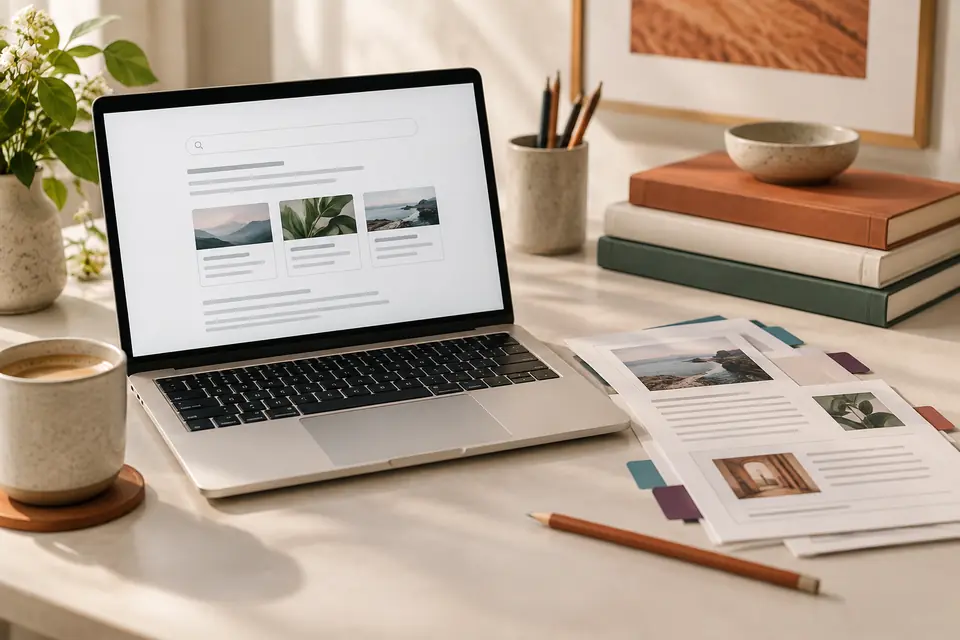 Keresőfelület laptopon, mellette rendszerezett weboldaltervek és jegyzetek.
